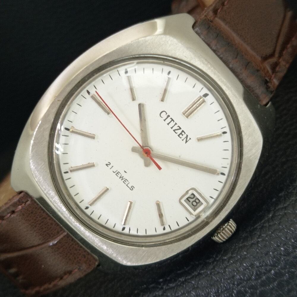 Vintage 1980 Citizen Manual Wound Mens Silver Watch W/Date & White accents